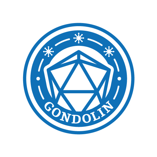 Logo dell'associazione composto dal nome, Gondolin, 3 asterischi a simboleggiare i silmaril e un dado a 20 facce.