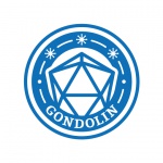 Logo dell'associazione composto dal nome, Gondolin, 3 asterischi a simboleggiare i silmaril e un dado a 20 facce.